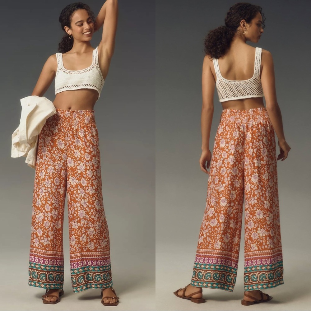 Maeve Wide-Leg Floral Border Print Pants — Rust Orange & Cream